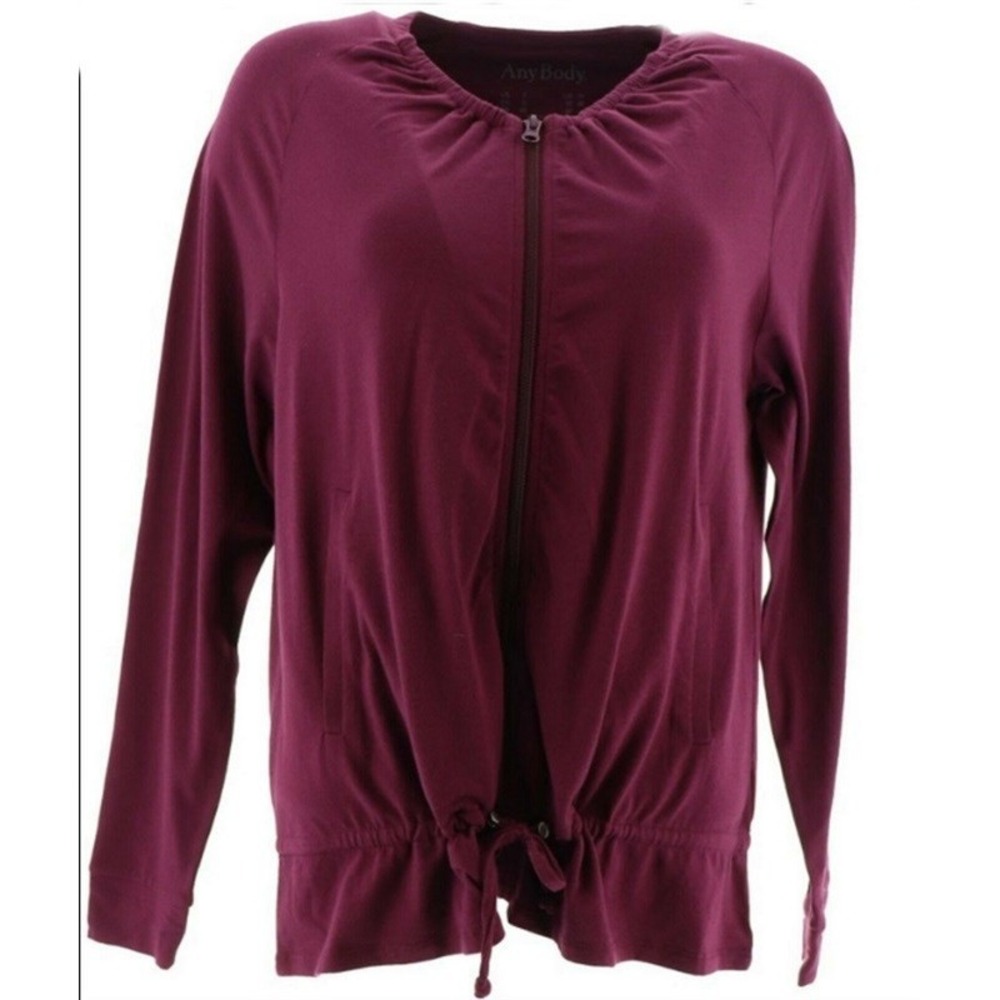 New Anybody Cozy Knit Zip Up Jacket Drawstring Wine 1X #75282